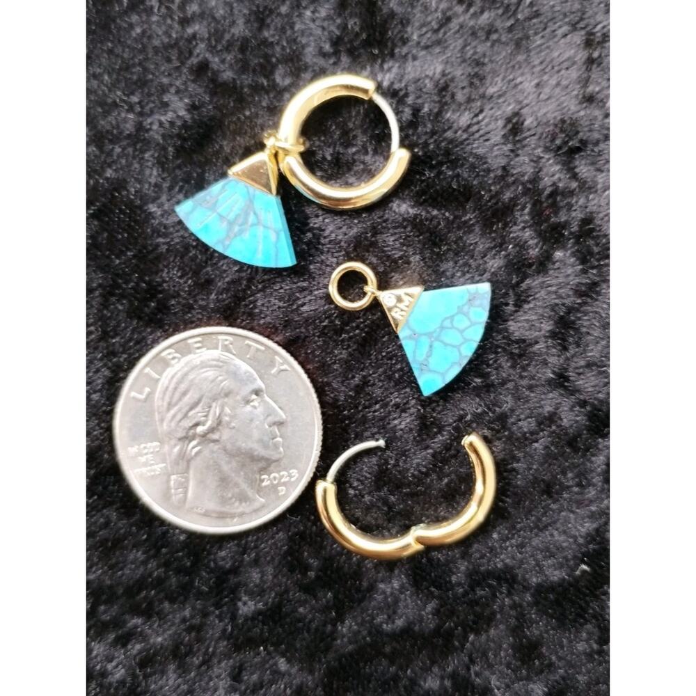 Rebecca Minkoff NEW Tiny Gold Huggie Hoop Turquoise Carved Fan Charm Earrings - Picture 4 of 6